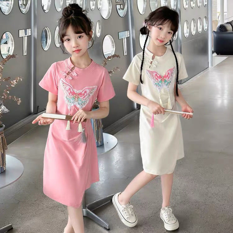 女童裙子夏季2024夏裝新款兒童新中式漢服T恤裙小女孩國風連衣裙