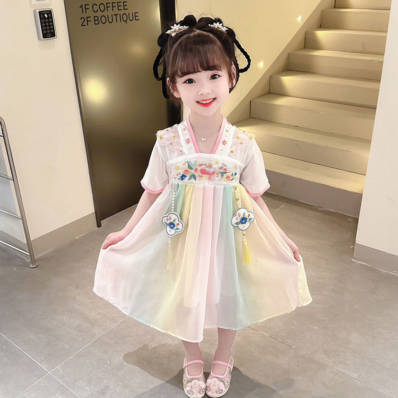 女童連衣裙2024新款小女孩夏天兒童古裝古風夏季漢服彩虹超仙裙子