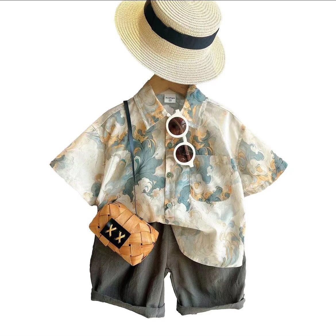 Boys summer suit short-sleeved shirt Korean style loose baby fashionable beach summer shorts suit for children