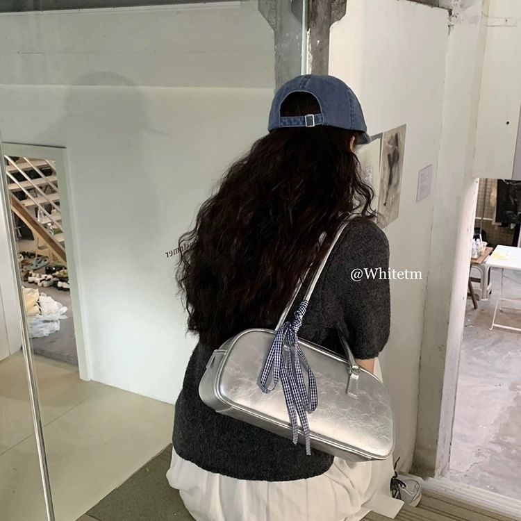 肉肉陳Whiterm韓版春季新款芭蕾風手提女包潮百搭銀色單肩腋下包