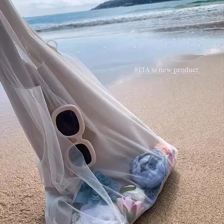 春夏日常杏色網紗托特包手工布藝百搭旅行沙灘度假露營大容量包包