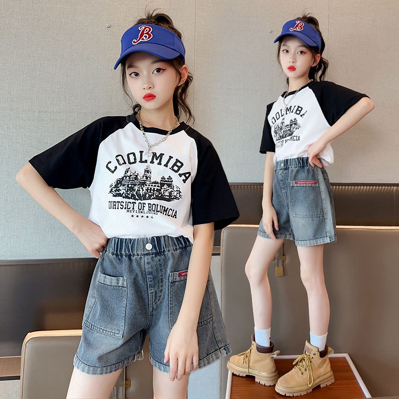 女童短褲夏季薄款2024新款中大童水洗牛仔休閒褲女孩洋氣百搭短袖