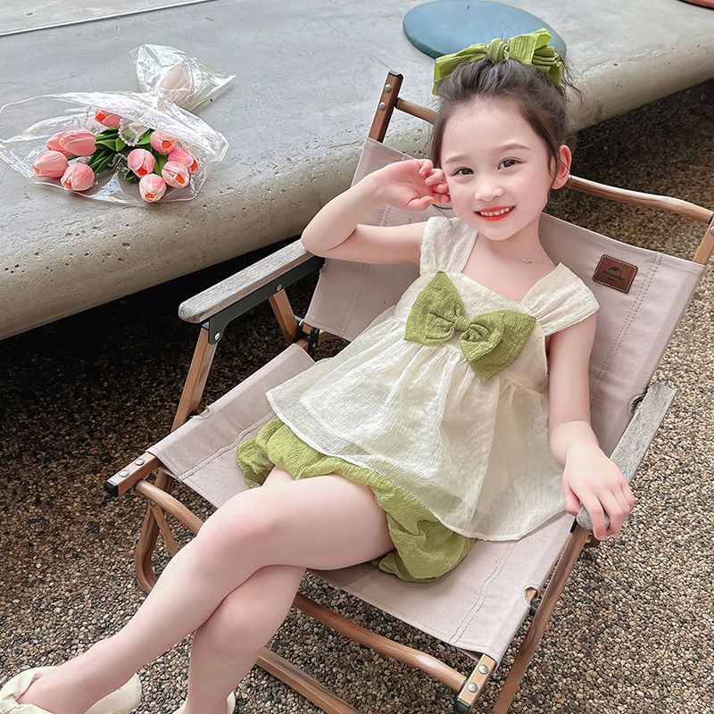 女童夏裝背心套裝2024新款女寶寶短袖衣服兒童夏款時髦洋氣兩件套