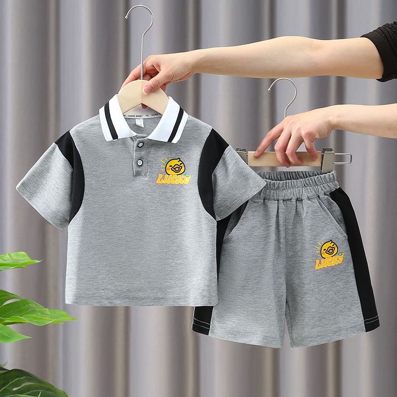 小黃鴨男童夏季polo衫套裝2024新款洋氣寶寶夏裝兒童酷帥短袖衣服