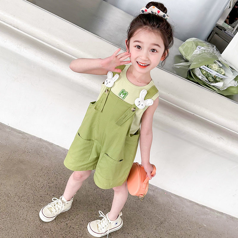 女童背帶褲套裝夏季2024新款短袖夏款時髦寶寶網紅洋氣兒童裝夏裝