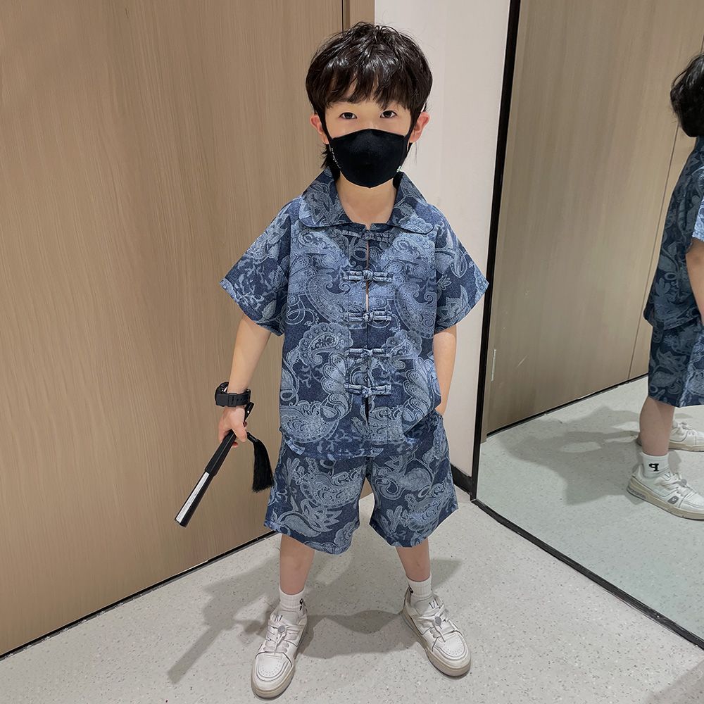 男童夏裝漢服2024新款兒童中式短袖套裝中國風男孩唐裝寶寶演出服
