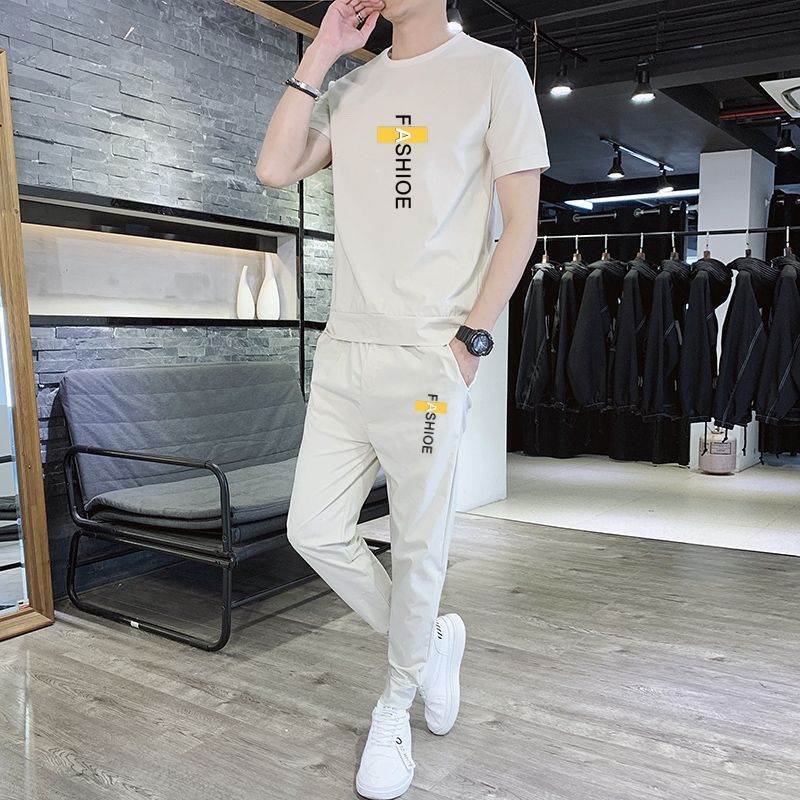 新款男士套装夏季潮流短袖长裤休闲时尚运动套装衣服t恤潮男外穿