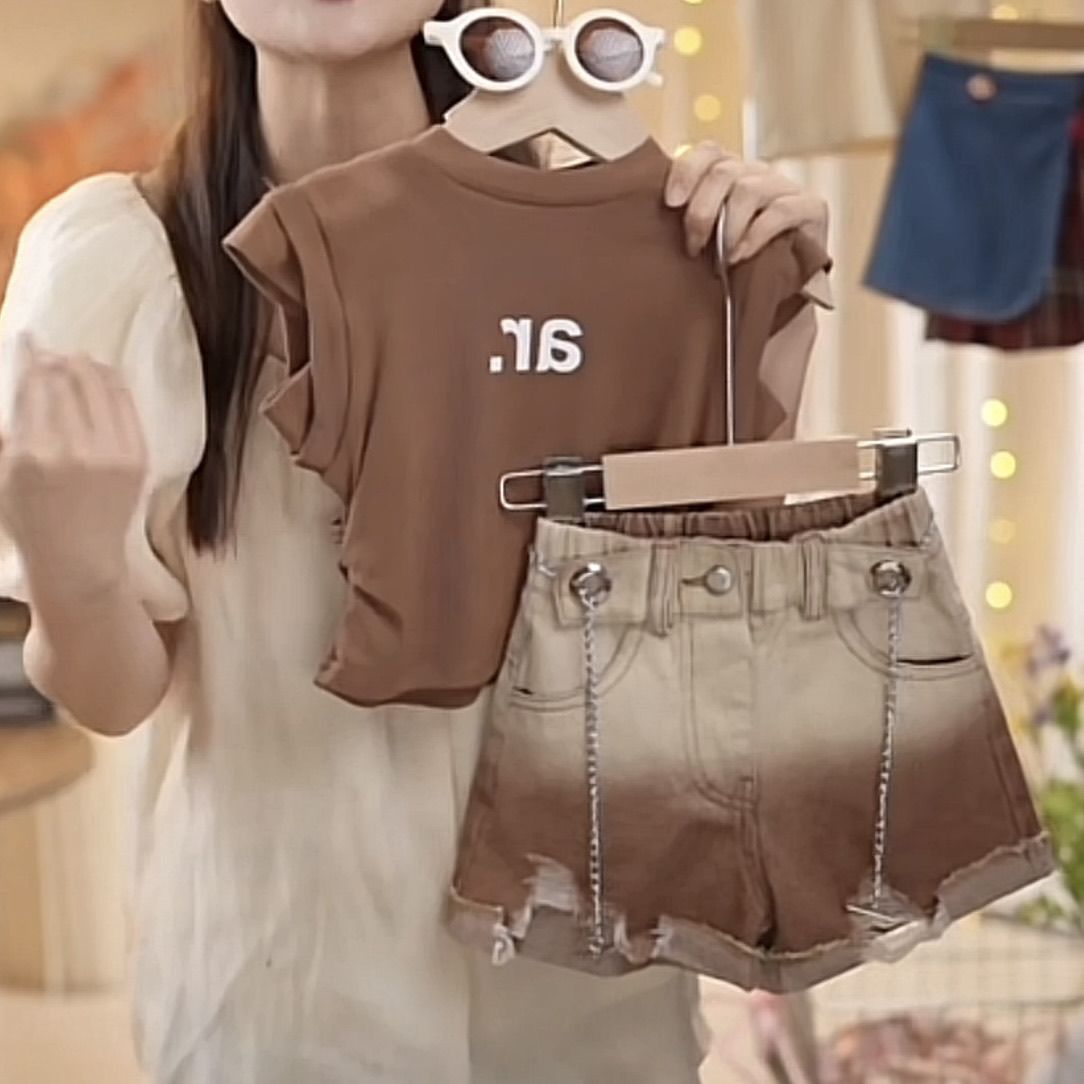 Modisches Denim Shorts Set Für Mädchen Sommer Kurzarm Outfit_voghion.com