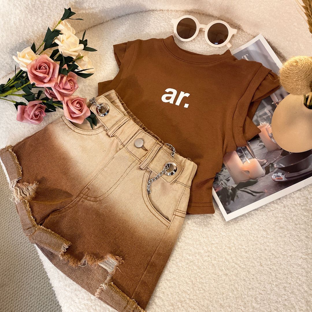 Modisches Denim Shorts Set Für Mädchen Sommer Kurzarm Outfit_voghion.com