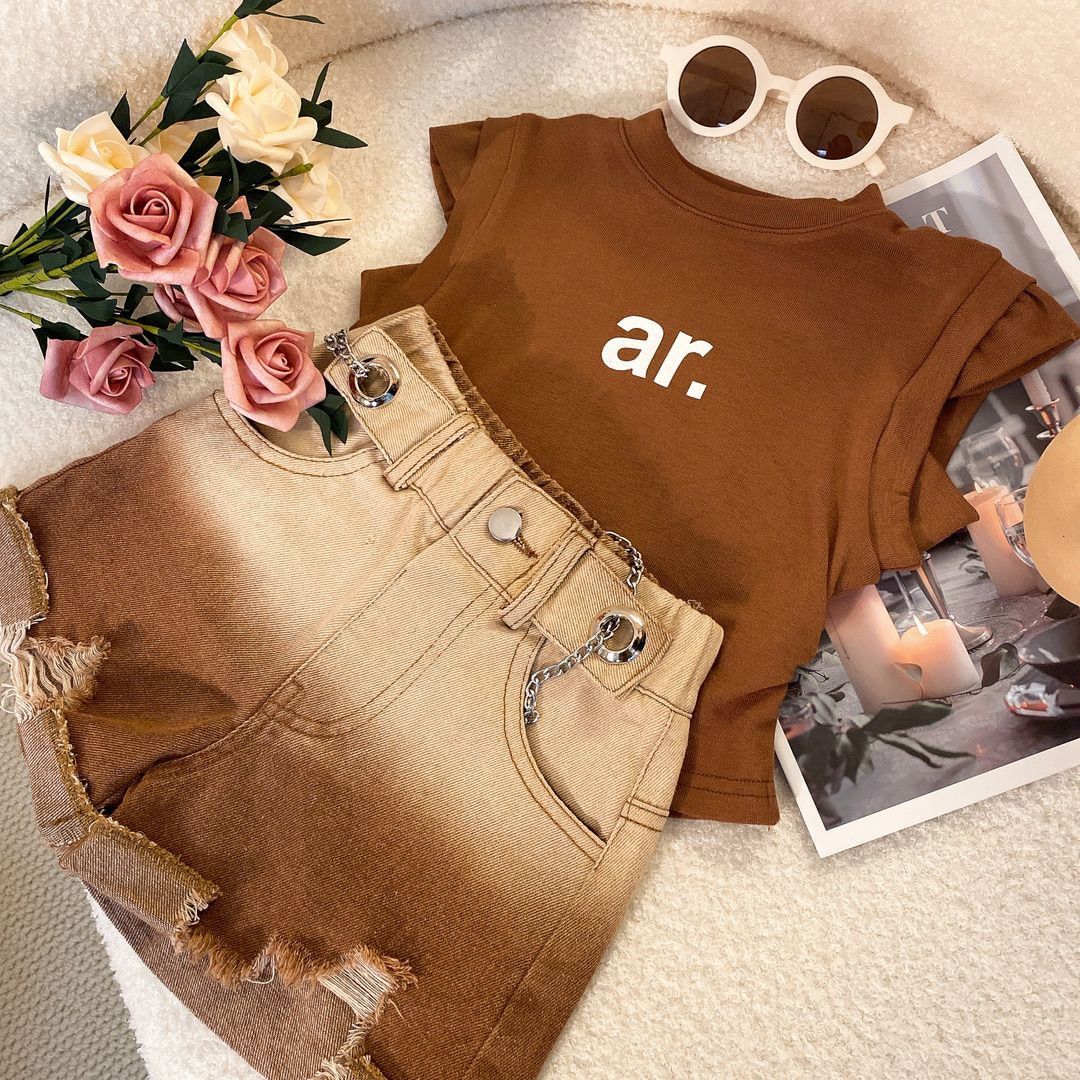 Modisches Denim Shorts Set Für Mädchen Sommer Kurzarm Outfit_voghion.com