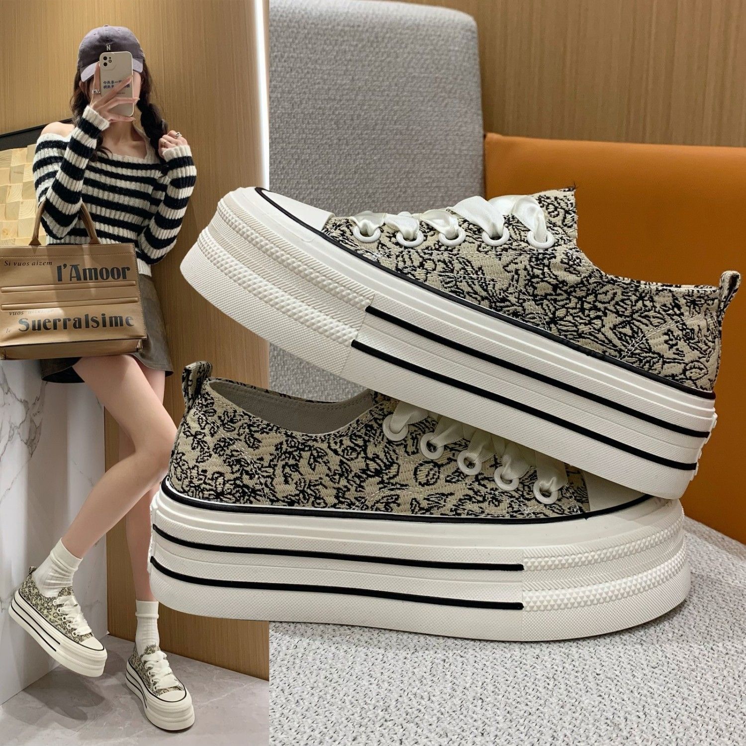 國風刺繡超厚底帆布鞋子女2024春季新款爆款小個子顯高百搭小白鞋