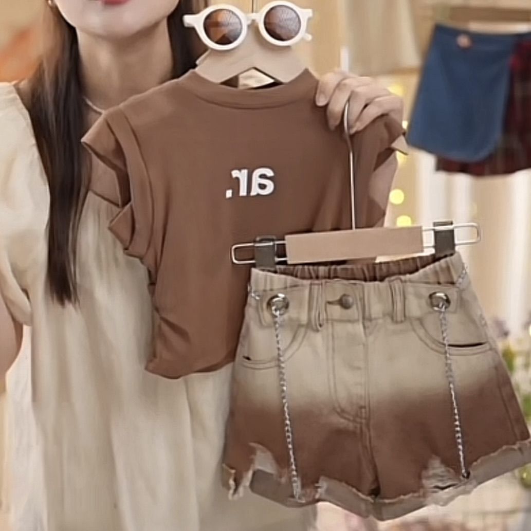 Modisches Denim Shorts Set Für Mädchen Sommer Kurzarm Outfit_voghion.com