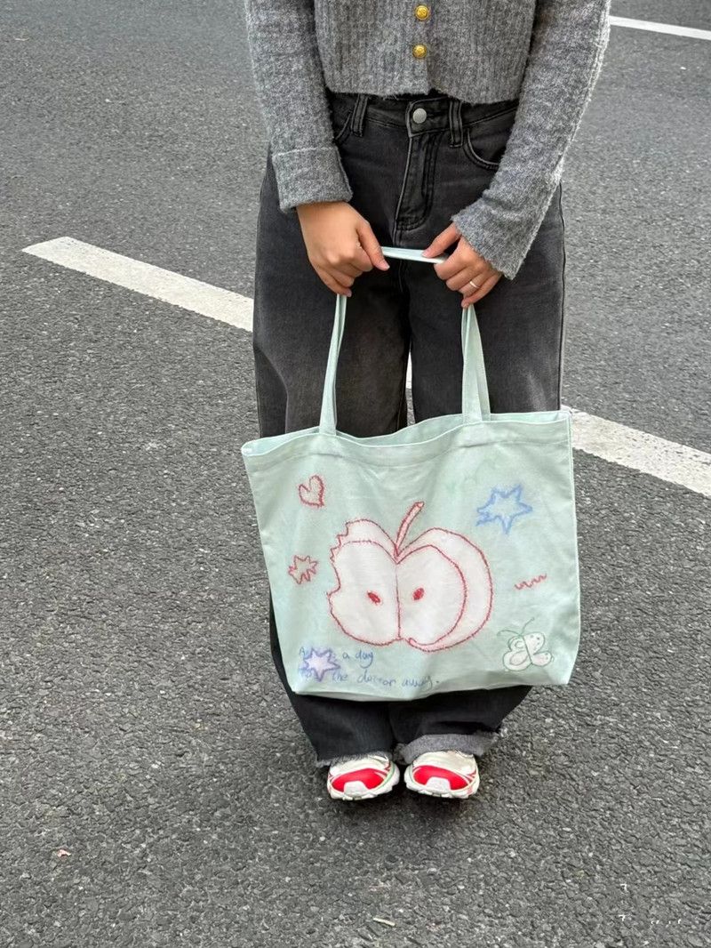 小清新!ins蘋果帆布包包女2024夏季新款大容量單肩斜挎托特包潮