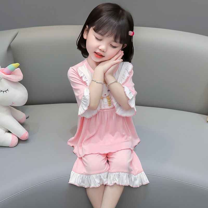女童睡衣莫代爾夏季薄款女孩愛莎公主風套裝寶寶空調服兒童家居服