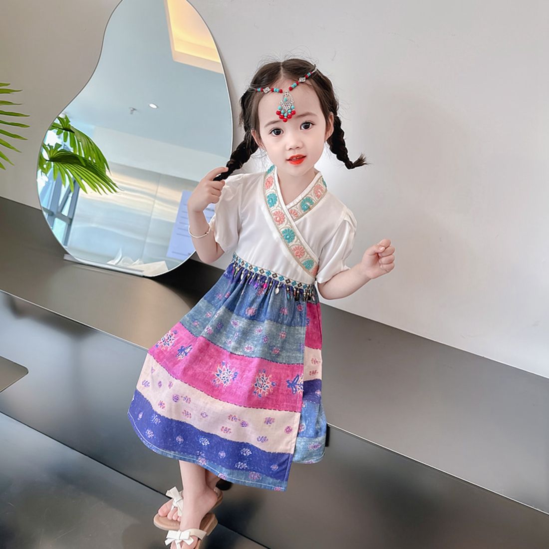女童夏季雲南少數民族風傣族服裝裙子兒童洋氣夏款寶寶國風連衣裙
