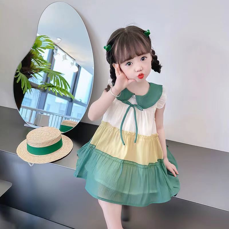 女童連衣裙2024新款夏裝兒童寶寶拼色雪紡公主裙夏季洋氣甜美裙子