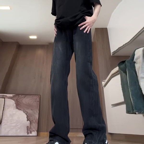 美式高街vibe褲子男夏季高個子竹節紋牛仔褲顯瘦顯腿長直筒微喇褲