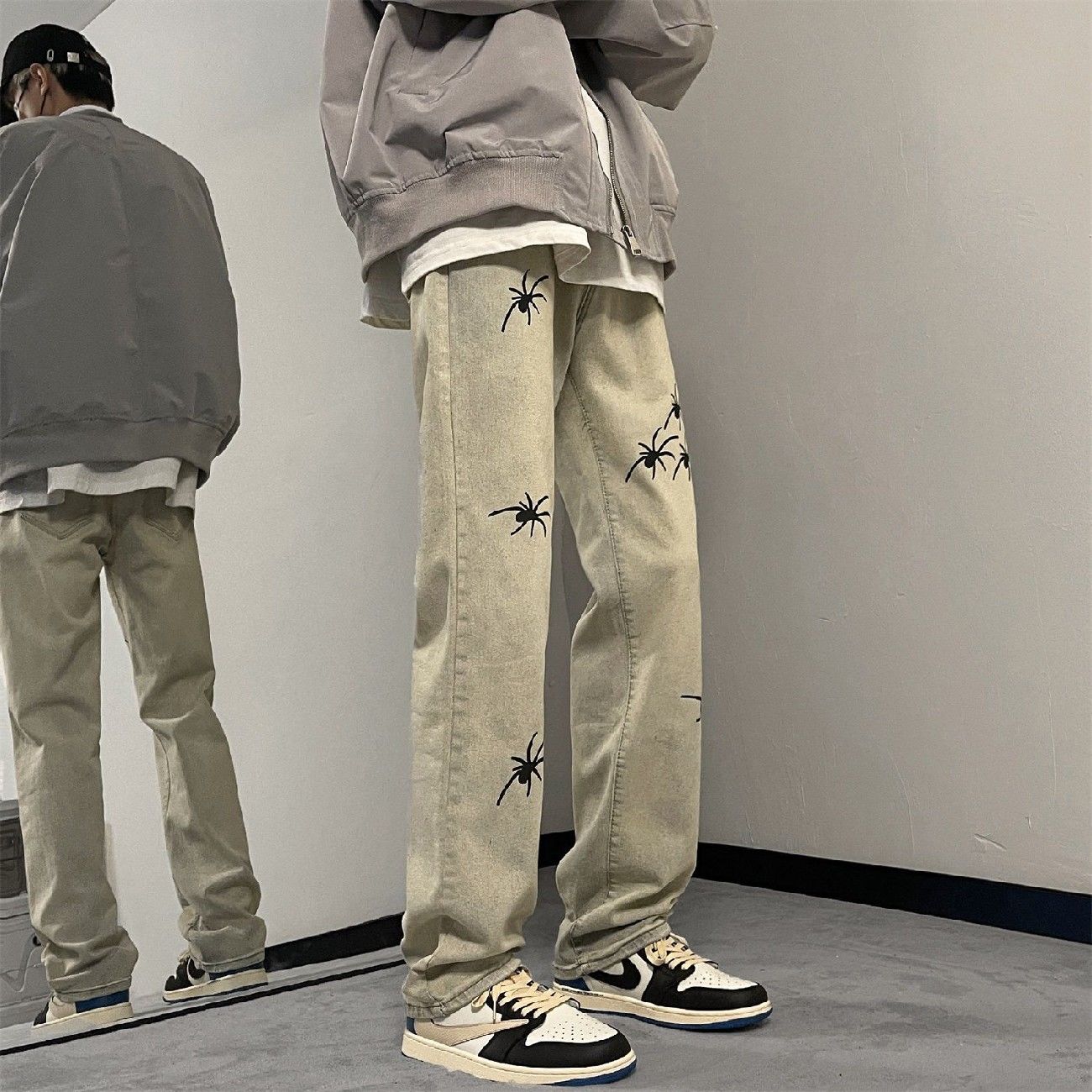 美式高街vibe炸街印花牛仔褲男夏季復古顯瘦直筒顯腿長微喇長褲子
