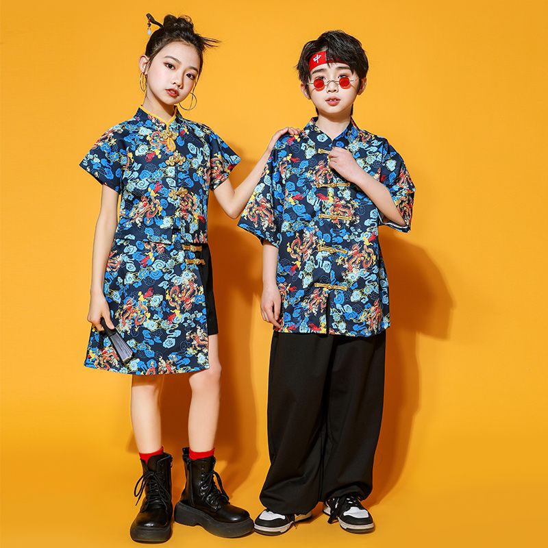 漢服男童唐裝夏兒童裝女童中國風幼兒園中秋服裝啦啦隊舞蹈演出服