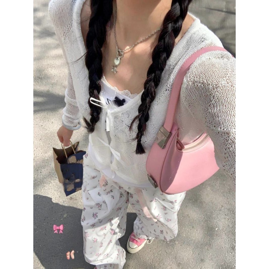 春夏季新款小眾設計粉色少女手提包通勤時尚百搭腋下月牙單肩包包