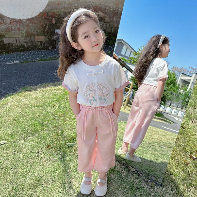 女童夏裝套裝2024新款洋氣時髦兒童中式國風女寶寶夏季短袖兩件套