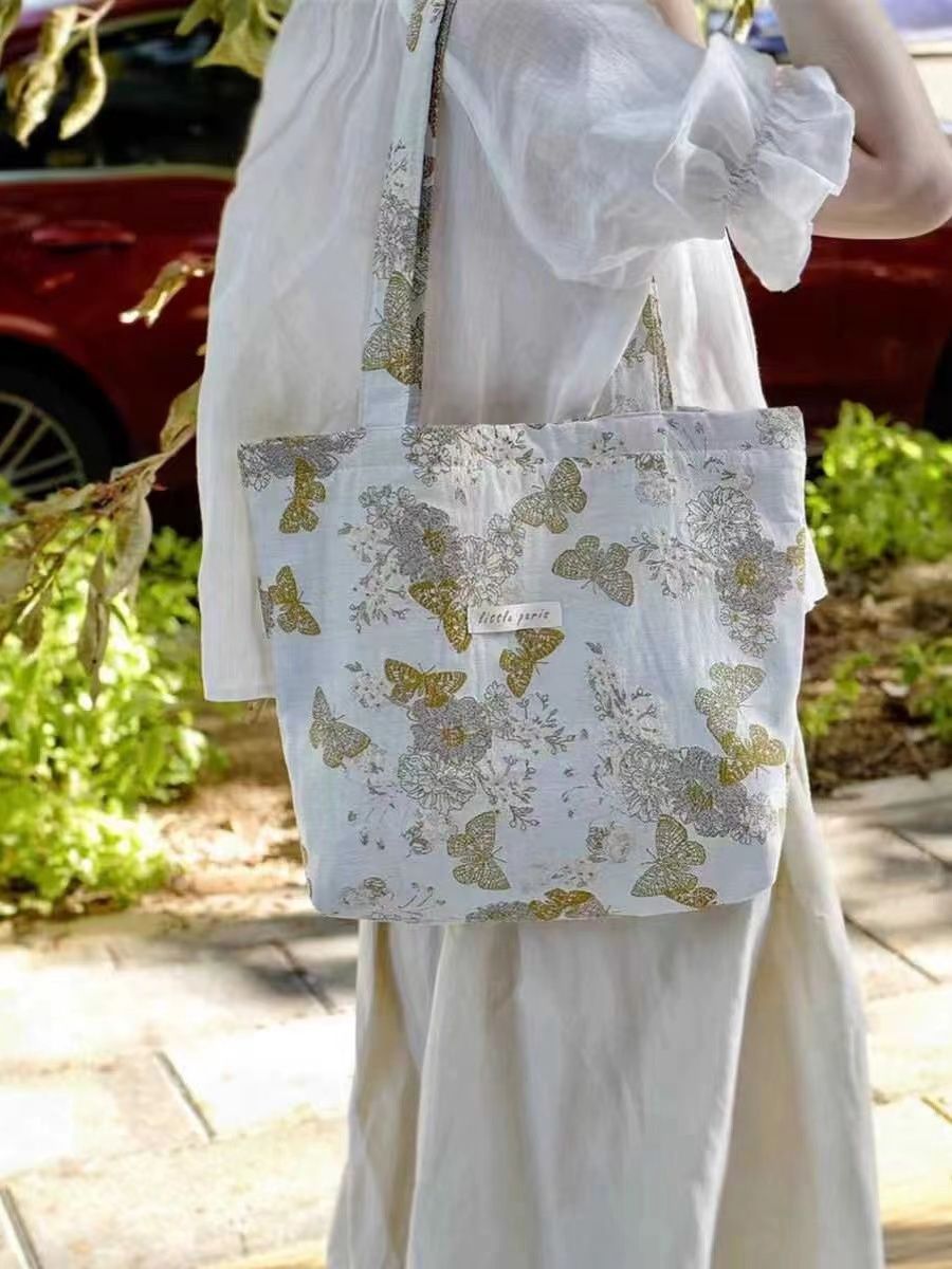 小巴黎手作自製精美刺繡提花蝴蝶女包文藝單肩百搭帆布包托特包包