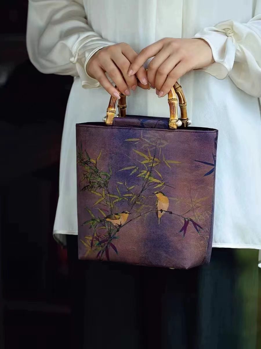 香雲紗復古竹節手提包中式漢服大容量國風旗袍女包拎包古風包包96