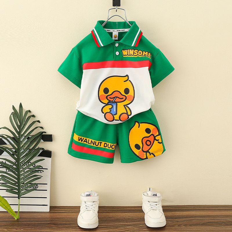 小黃鴨童裝男童夏裝套裝2023新款寶寶洋氣衣服兒童夏季短袖polo衫