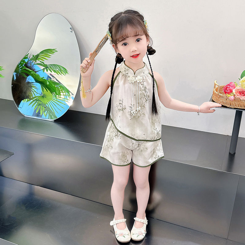 女童新中式背心套裝夏季2024新款女寶寶夏款兒童中國風夏裝兩件套