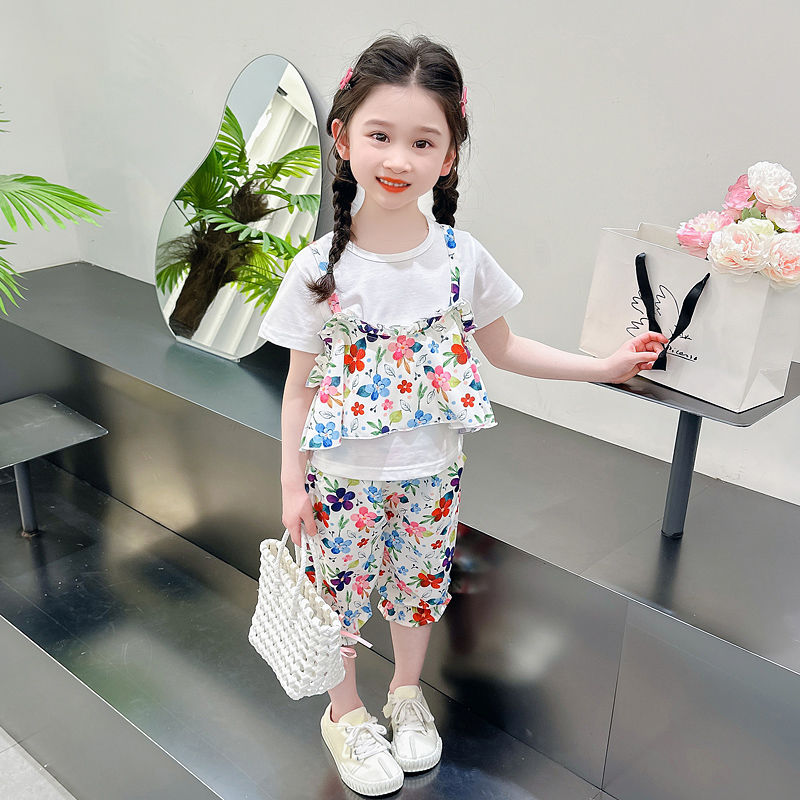 女童夏季套裝2024新款韓版洋氣時髦薄款女寶寶短袖花朵防蚊褲童裝