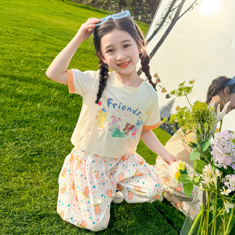 女童夏季防蚊褲套裝2024新款兒童時髦洋氣衣服寶寶夏裝短袖兩件套