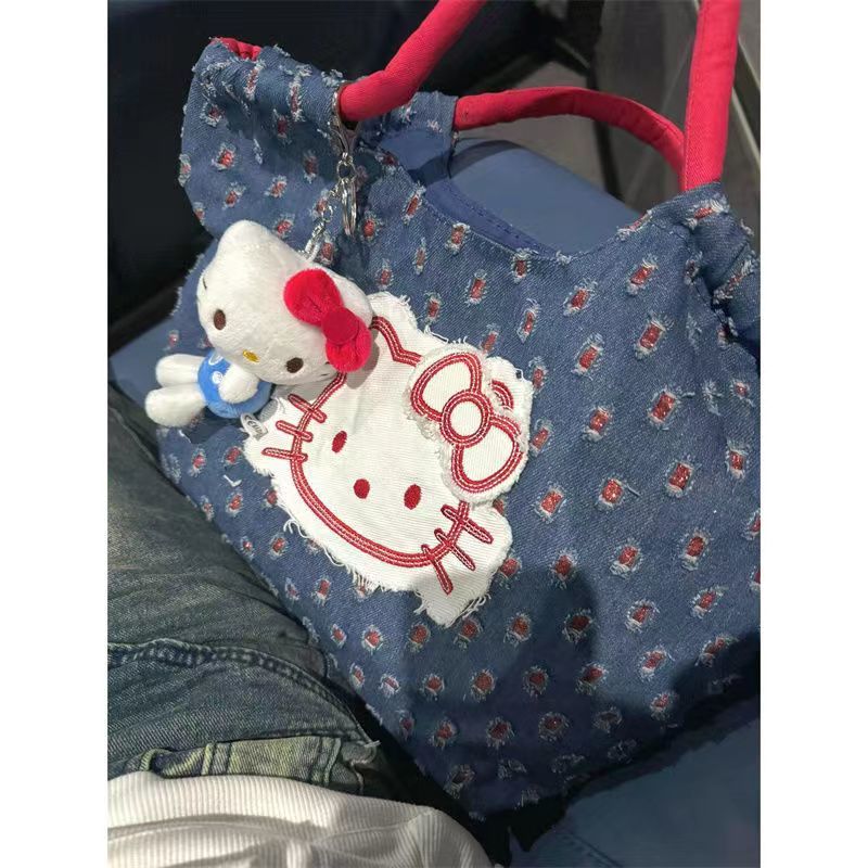 Hellokitty復古牛仔貼布手提包2024新款大容量拎包卡通可愛凱蒂貓