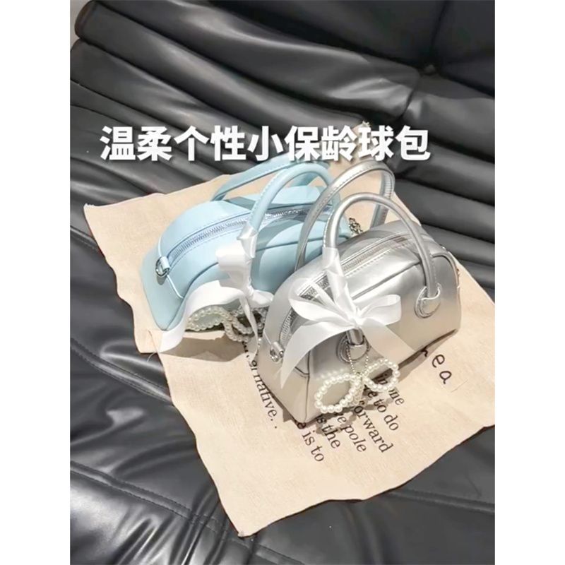 夏季新款ins蝴蝶結絲帶手提包少女心復古珍珠裝飾外出精緻斜跨包