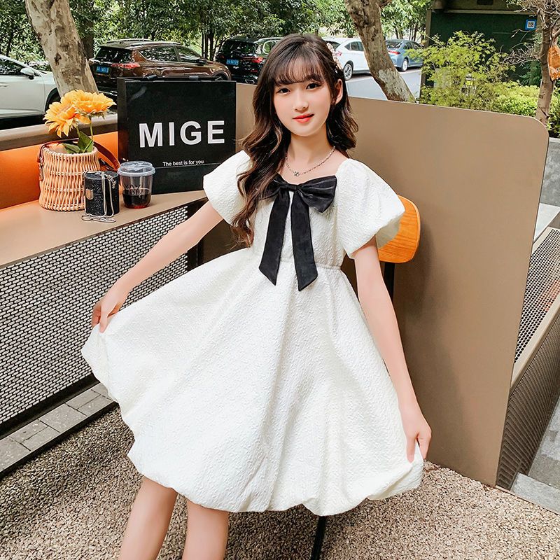 女童小香風連衣裙夏季新款洋氣時髦女孩網紅泡泡袖公主風花苞裙子