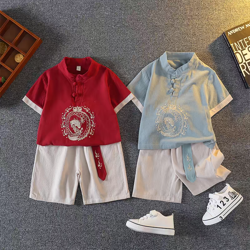 儿童男童汉服夏季中国古装夏装唐装薄款套装周岁棉麻礼服短袖宝宝