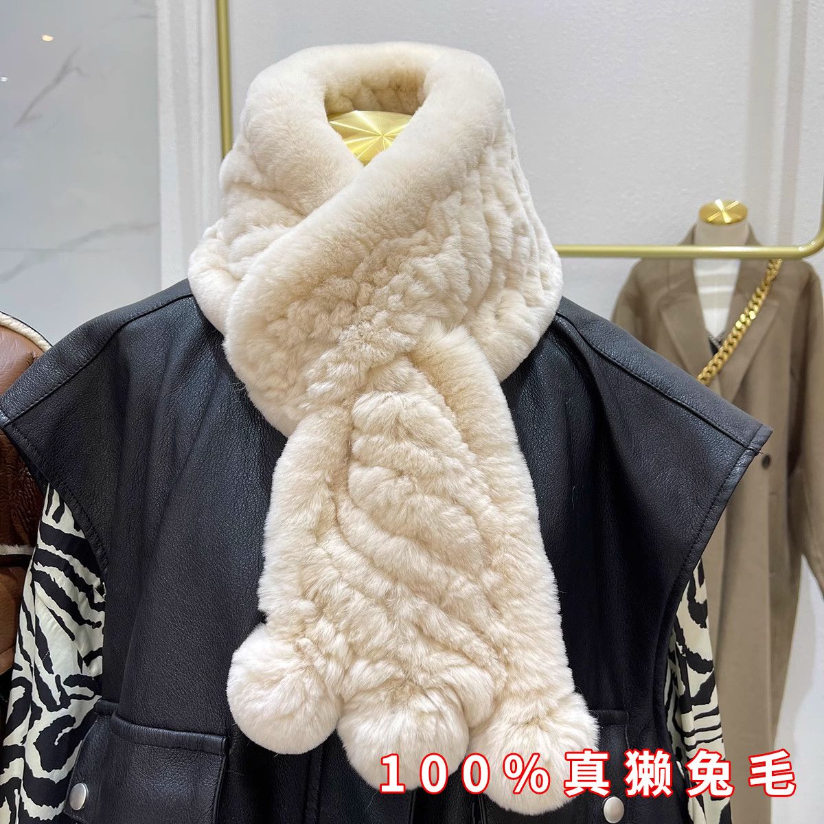 韩国真獭兔毛皮草编织围巾双面加厚保暖皮草围脖可爱球球毛领子女