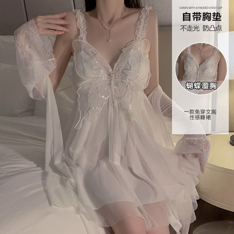 抖音爆款蝴蝶睡衣胸垫蝴蝶结吊带睡裙性感蕾丝家居服套装网纱外袍