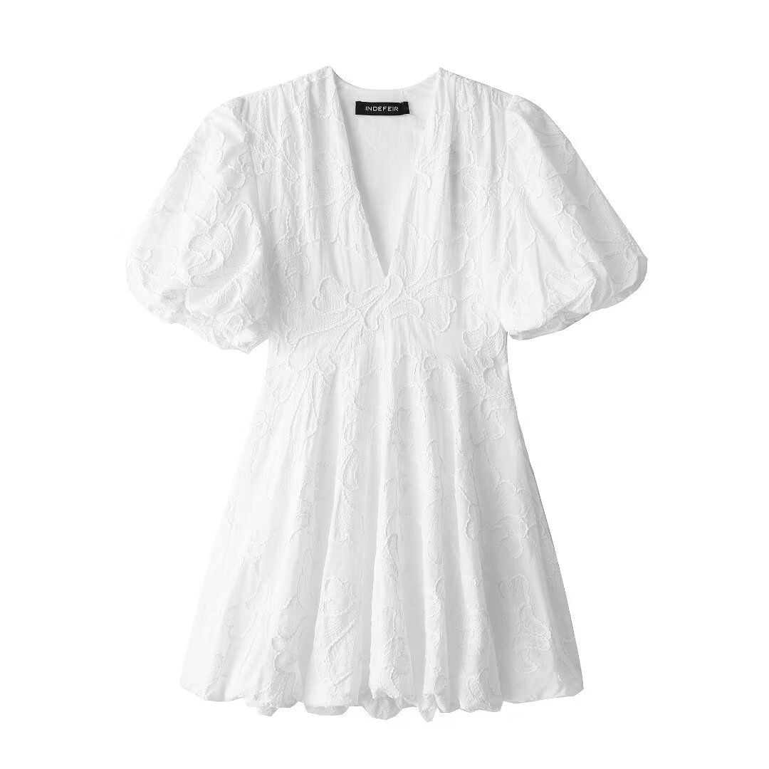 Women's European American Yellow 100% Cotton A-Line Dress Embroidered Puff Short Sleeves Waist-Cinching Summer Casual Party Dress_ecoleips.com