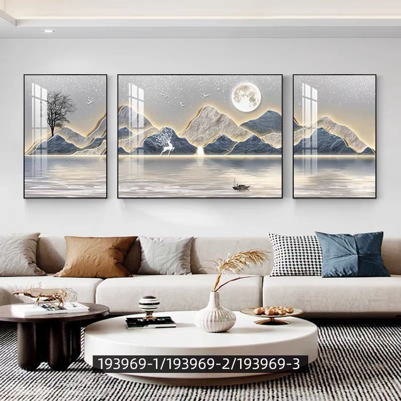 现代新款轻奢客厅三联画简约大气沙发背景墙壁画装饰画山水画挂画