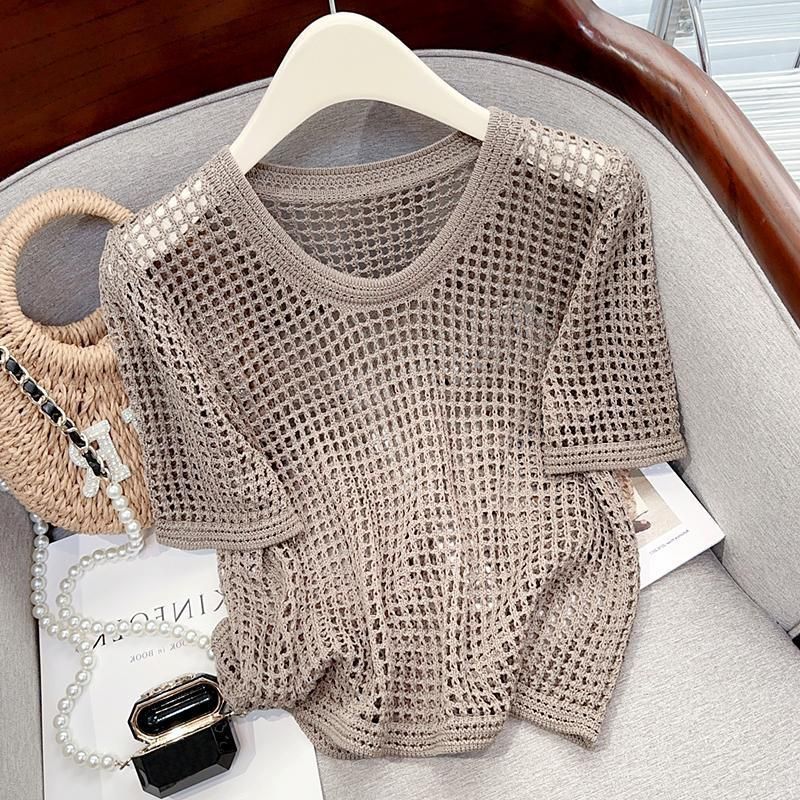 夏季镂空薄款短袖女韩版设计感纯欲风宽松罩衫百搭圆领针织上衣恤