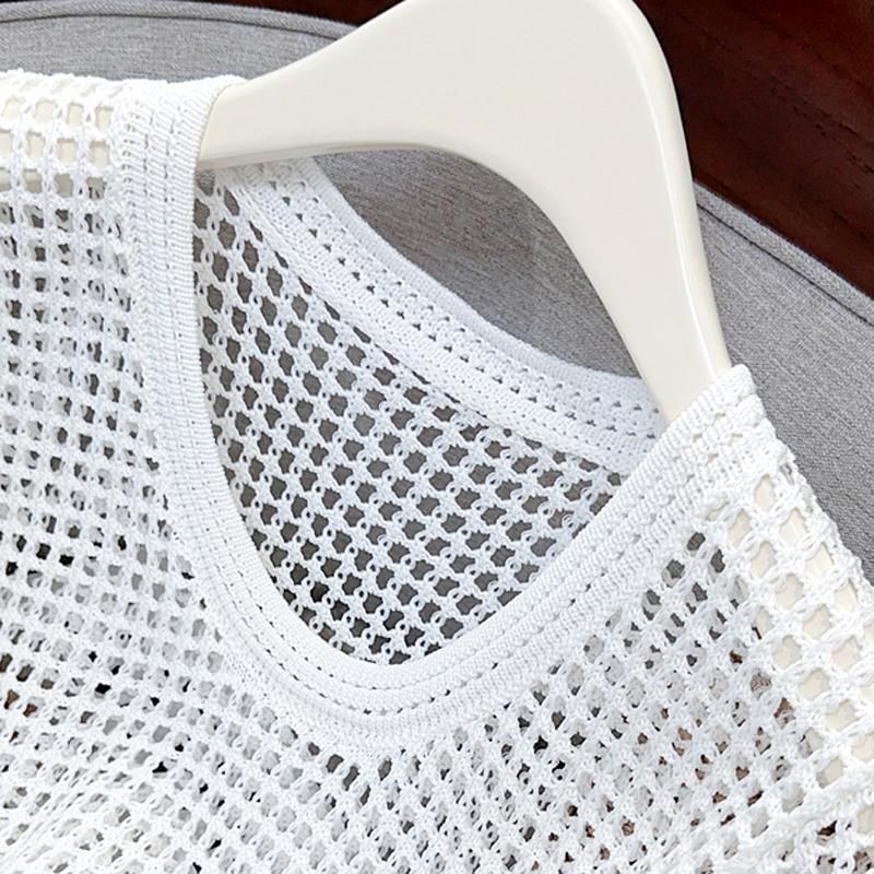 夏季镂空薄款短袖女韩版设计感纯欲风宽松罩衫百搭圆领针织上衣恤