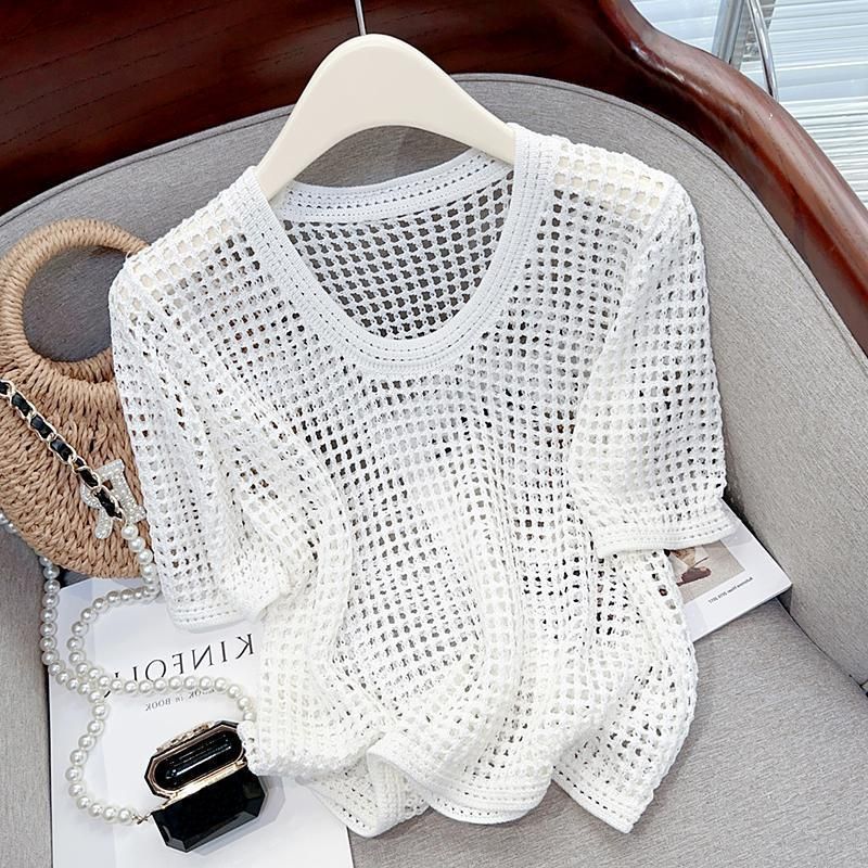 夏季镂空薄款短袖女韩版设计感纯欲风宽松罩衫百搭圆领针织上衣恤