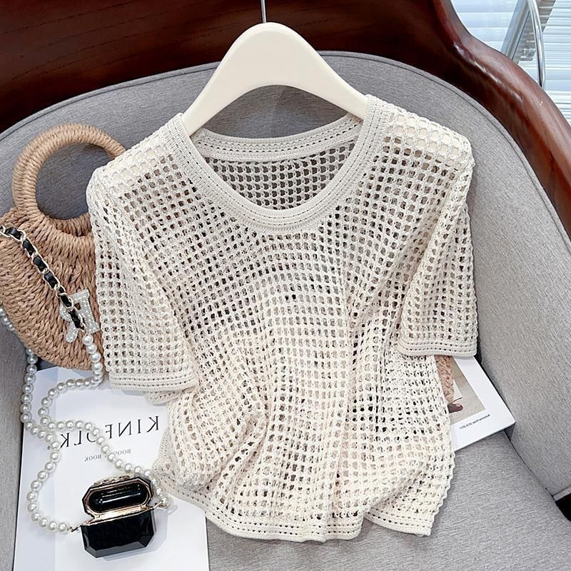 夏季镂空薄款短袖女韩版设计感纯欲风宽松罩衫百搭圆领针织上衣恤