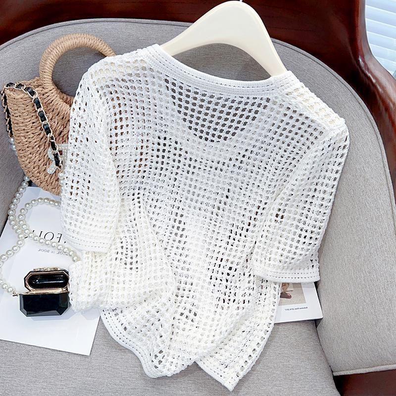 夏季镂空薄款短袖女韩版设计感纯欲风宽松罩衫百搭圆领针织上衣恤