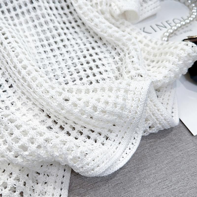 夏季镂空薄款短袖女韩版设计感纯欲风宽松罩衫百搭圆领针织上衣恤