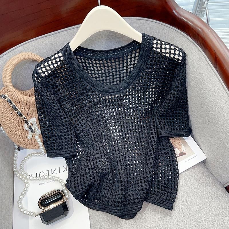 夏季镂空薄款短袖女韩版设计感纯欲风宽松罩衫百搭圆领针织上衣恤