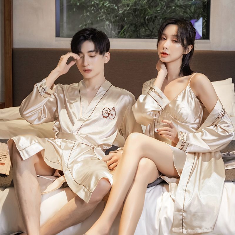 情侣睡袍夏季丝绸冰丝薄款男女性感宽松春秋浴袍两件套