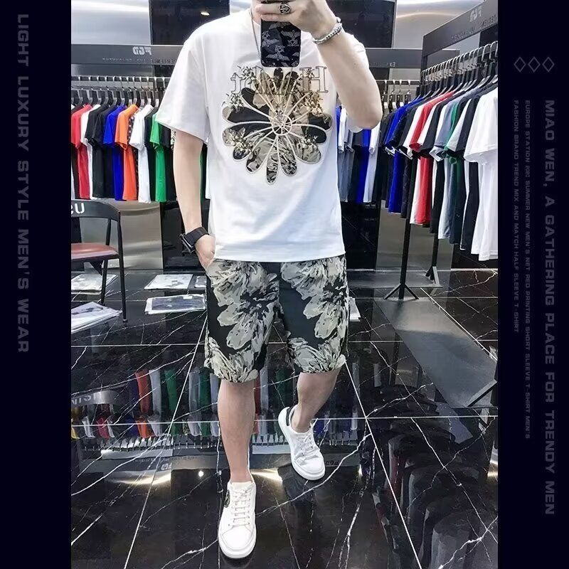 欧货高端短袖印花休闲网红同款套装男潮牌夏季新款男士短裤两件套