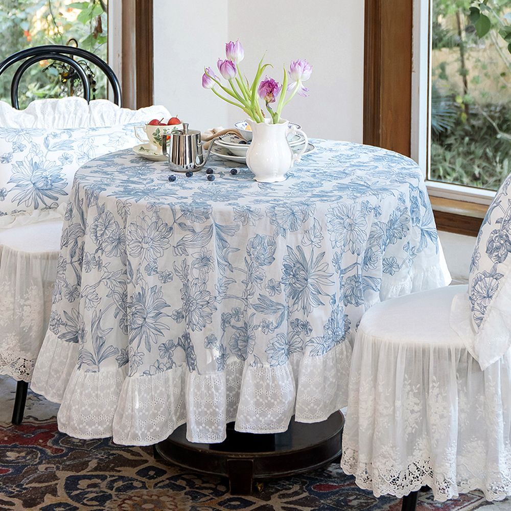 Blue And White Porcelain Embroided Wat-Resistant French Dining Tablecloth Round Coffee Table Artistic Atmosphe_voghion.com