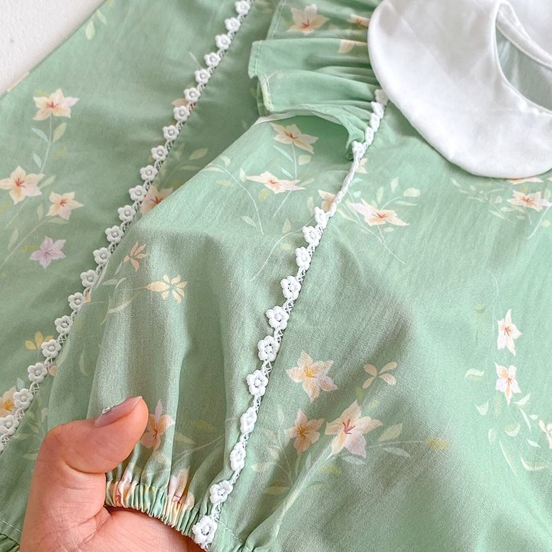 24 Sommer Baby Mädchen Puppenkragen Spitzenstrampler A-Linien Kleid Schwester Outfit Babykleidung Body_voghion.com